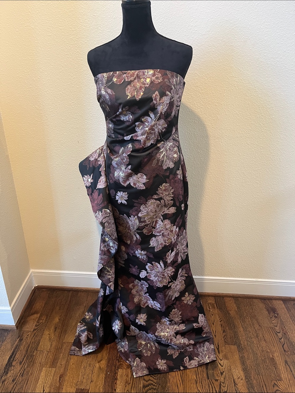 Donna Karan Strapless Floral Jacquard Gown in Plum and Silver